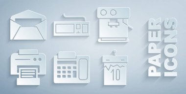 Telefon, kahve makinesi, yazıcı, takvim, klavye ve zarf simgesi. Vektör