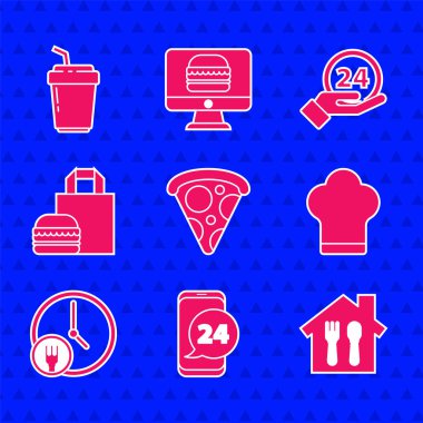 Pizza dilimi, yemek siparişi, internetten sipariş, şef şapkası, 24 saat hamburger, saat başı hamburger ve kahve fincanı. Vektör