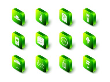 Meteoroloji termometresi, pasaport, güneş kremi, dondurma külahı, trafik levhası, SOS, Bavul ve Signboard metin oteli simgesini ayarla. Vektör