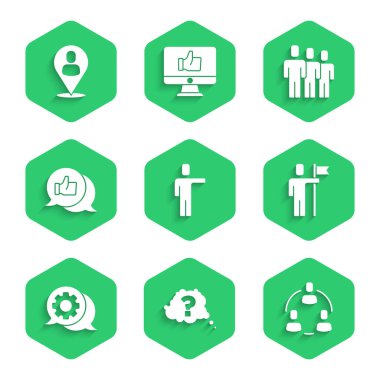 Kafa avcılığı, Soru işareti, Proje ekibi üssü, Takım lideri, Konuşma balonu sohbeti, El Kullanıcı grubu ve İşçi konumu simgesi. Vektör