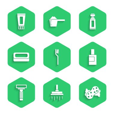 Diş fırçası, duş başlığı, sünger, temizlik malzemesi için şişe tıraş bıçağı, sabun, tüp diş macunu ve ikon. Vektör