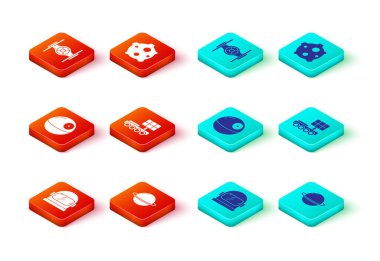 Astronot miğferi, Satürn gezegeni, Ölüm Yıldızı, Mars gezgini, Asteroid ve Kozmik gemi ikonu. Vektör