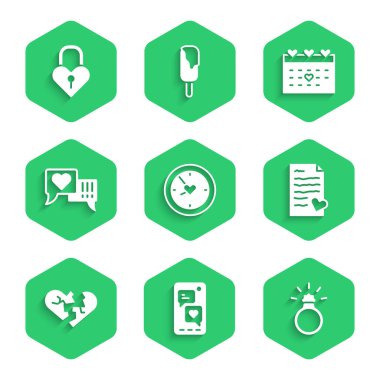 Kalp, Mobil, Elmas nişan yüzüğü, Zarflı Sevgililer Günü, Kırık veya Boşanmış Kalp konuşma balonu, Takvim ve Kale şeklinde bir kalp. Vektör