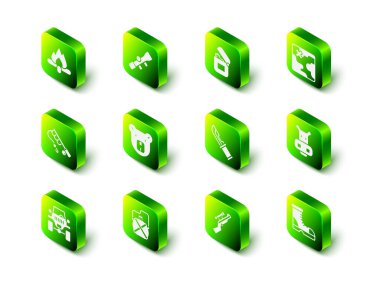 Keskin nişancı optik görüşü, çakmak, Afrika safari haritası, Hippo veya Hippopotam, avcı botları, bıçak, dürbünlü tüfek ve kantin su şişesi ikonu. Vektör