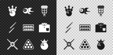 Bowling pimi ve topu, bilardo topu, bilardo topu, çapraz bilardo ıstakaları, top askısı üçgeni ve ayakta duran ikon. Vektör