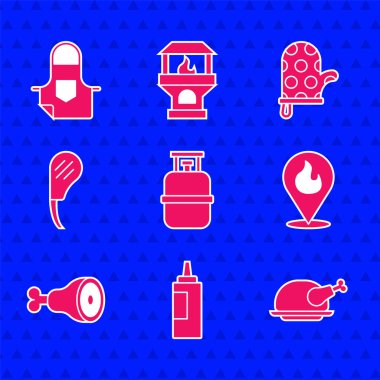 Propan gazı deposu, sos şişesi, kızarmış hindi ya da tavuk, alev alev yanan yer, tavuk budu, kaburga bifteği, fırın eldiveni ve mutfak önlüğü. Vektör