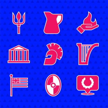 Yunan miğferi, kalkanı, Laurel çelengi, Harp, Yunanistan ulusal bayrağı, Parthenon, Hand Holding Fire ve Neptune Trident ikonu. Vektör