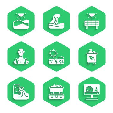 Kuraklık, Kömür treni vagonu, hava tahmini, geri dönüşümlü geri dönüşüm kutusu, atık su, yüksek insan vücut sıcaklığı, güneş enerjisi paneli ve ikon. Vektör