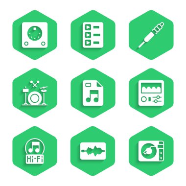 MP3 dosya belgesi, müzik dalga dengeleyicisi, vinil diskli vinil çalar, davul makinesi, not, ton, davul, ses kriko ve simge ayarla. Vektör