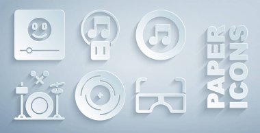 Vinil disk, müzik notası, ton, davul, gözlük, duraklat düğmesi ve çalma simgesi ayarla. Vektör