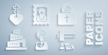 İsa 'yı Ayarla, Kilise için Bağış, Babil Kulesi İncil hikayesi, Hıristiyan ikonu ve dini haç ikonu. Vektör