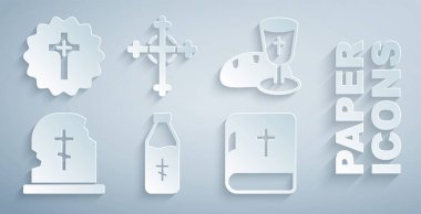 Kutsal su şişesi, kadeh ve ekmek, mezar taşı, İncil kitabı, Hıristiyan haçı ve ikonu koyun. Vektör