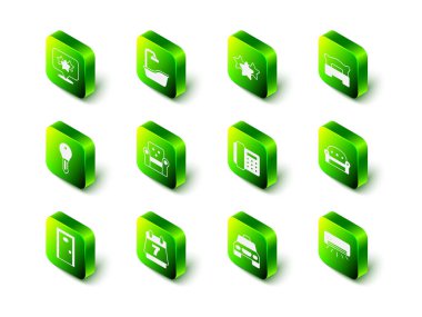 Küvet, yıldız derecesi, yatak odası, kanepe, klima, telefon, taksi arabası ve otel rezervasyon ikonu ayarla. Vektör