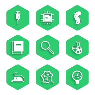 Büyüteci, mikroorganizmaları büyüteç, ölçü ölçeği, zehirli sıvıyla test tüpü, deney faresi, bilim kitabı, virüs ve şırınga ikonu altında ayarla. Vektör