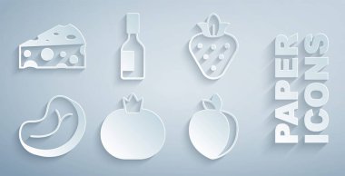 Domates, çilek, biftek, erik meyvesi, acı sos ve peynir ikonu. Vektör