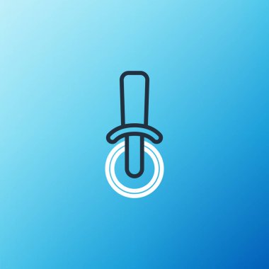 Line Pizza bıçak ikonu mavi arka planda izole edildi. Pizza kesme tabelası. Çelik mutfak gereçleri. Renkli taslak konsepti. Vektör