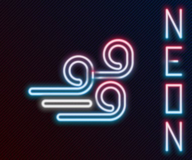 Parlayan neon hattı. Rüzgarlı hava ikonu siyah arkaplanda izole edildi. Bulut ve rüzgar. Renkli taslak konsepti. Vektör