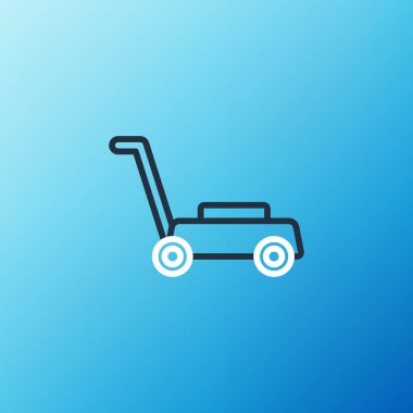 Çim biçme makinesi simgesi mavi arkaplanda izole edildi. Çim biçme makinesi çim biçiyor. Renkli taslak konsepti. Vektör