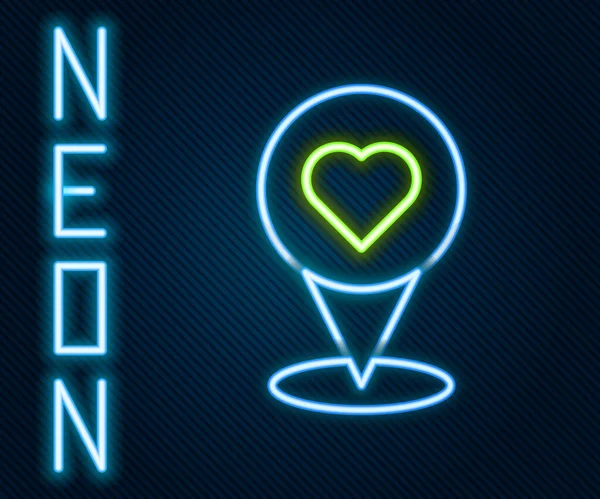 Glödande Neon Linje Karta Pekare Med Hjärta Ikon Isolerad Svart — Stock vektor