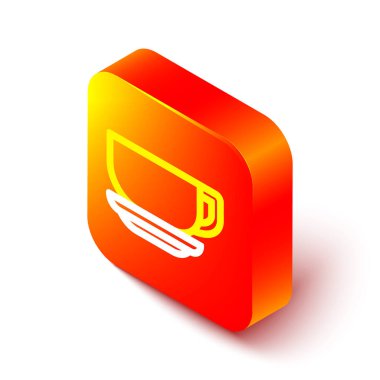 Beyaz arkaplanda izole kahve fincanı ikonu var. Çay fincanı. Sıcak içecek kahvesi. Turuncu kare düğme. Vektör