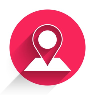 Beyaz Konum simgesi uzun gölgeyle izole edildi. Dünya ya da Dünya işareti. Kırmızı daire düğmesi. Vektör.