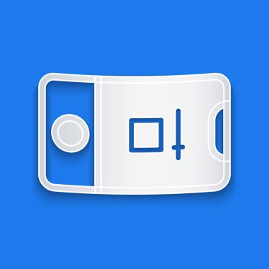 Kağıt kesikli cep telefonu, mavi arkaplanda izole edilmiş kamera çerçevesi simgesi var. Mobil uygulama uygulaması. Fotoğraf ve video çekimi. Kağıt sanatı tarzı. Vektör.