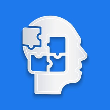 Kağıt kesiği insan kafası bulmaca stratejisi ikonu mavi arka planda izole edildi. Beyin işaretini düşünüyorum. Beynin sembol çalışması. Kağıt sanatı tarzı. Vektör.