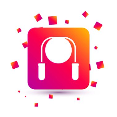 Beyaz arkaplanda beyaz atlama ipi simgesi izole edildi. İp atlıyorum. Spor malzemeleri. Kare renk düğmesi. Vektör