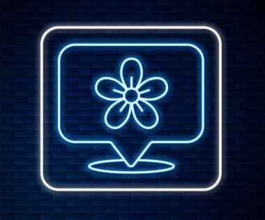 Parlayan neon hattı konumu ve tuğla duvar arkasında izole edilmiş çiçek simgesi. Vektör.