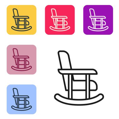 Siyah çizgi sallanan sandalye simgesi beyaz arkaplanda izole edildi. Renkli kare düğmelerle simgeleri ayarla. Vektör.