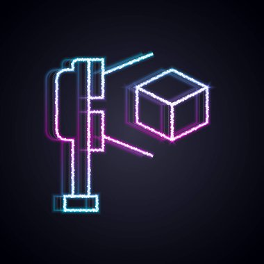 Siyah arkaplanda izole edilmiş küp projeksiyon ikonu ile parlayan neon hattı 3D tarayıcısı. Vektör.