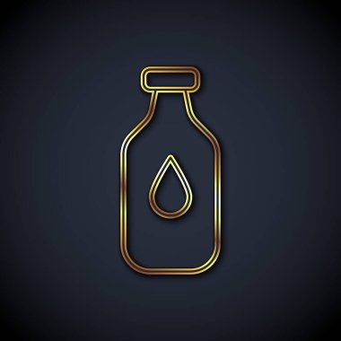 Siyah arka planda izole edilmiş altın çizgili su ikonu şişesi. Soda su içme tabelası. Vektör.