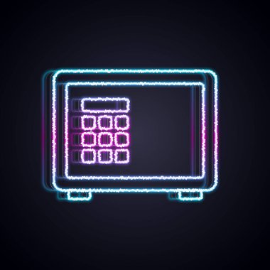 Parlayan neon hattı siyah arkaplanda güvenli simge. Kapı, şifreli bir banka kasası. Güvenilir Veri Koruma. Vektör