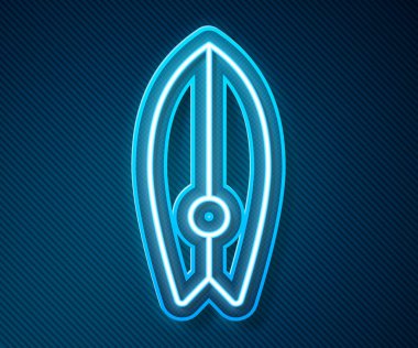 Parlayan neon hattı sörf tahtası simgesi mavi arkaplanda izole edildi. Sörf tahtası. Olağanüstü bir spor. Spor malzemeleri. Vektör