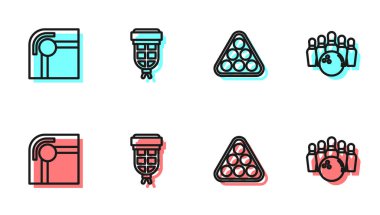 Çizgi bilardo toplarını üçgen, masa, cep ve bovling pin ve simgesinde ayarla. Vektör