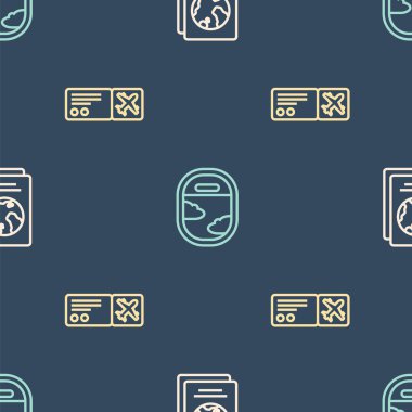 Pasaportu, uçak biletini ve uçak penceresini kusursuz bir şekilde ayarlayın. Vektör