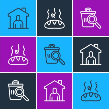 Evsizler için barınak hattı oluşturun, yiyecek ve bağış ikonu arayın. Vektör