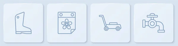 采购产品设置线橡胶手套 草坪割草机 日历与花卉和水水龙头 白色正方形按钮 — 图库矢量图片