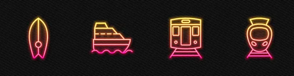 Tren Demiryolu Sörf Tahtası Yolcu Gemisi Tramvayı Ayarlayın Parlayan Neon — Stok Vektör