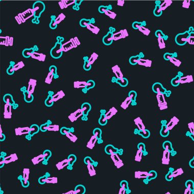 Line Gmo araştırma tavuk ikonu siyah arka planda kusursuz desen izole etti. Şırınga tavuğa enjekte ediliyor. Vektör.