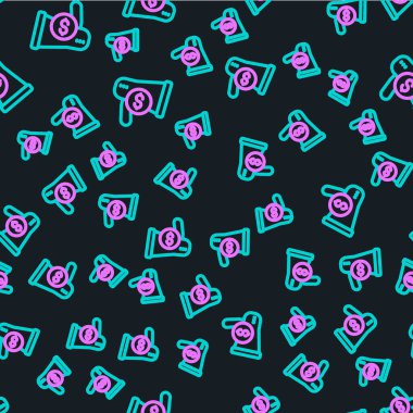 Çizgi megafon ve dolar simgesi siyah arkaplanda izole edilmiş kusursuz desen. Yüksek sesli konuşma uyarısı konsepti. Ağızlık için megafon, terfi diye bağırıyor. Vektör