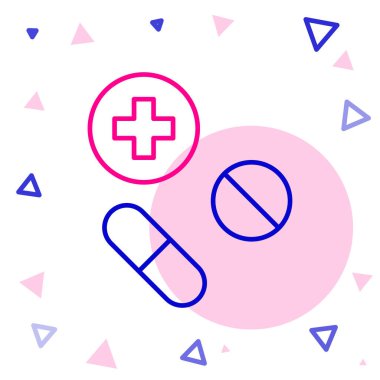 Beyaz arka planda izole edilmiş çizgi ilacı veya tablet ikonu. Kapsül hapı ve uyuşturucu işareti. Eczane tasarımı. Renkli taslak konsepti. Vektör