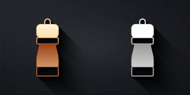 Siyah arkaplanda altın ve gümüş renkli Pepper simgesi var. Yemek pişirme baharatları. Uzun gölge tarzı. Vektör.