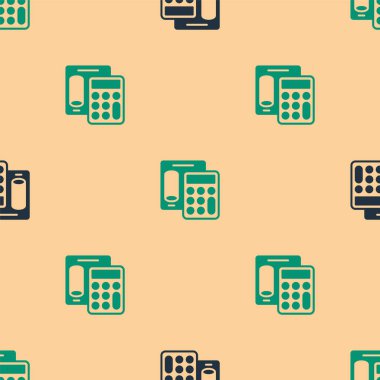 Yeşil ve siyah hesap makinesi simgesi bej arka planda izole edilmiş pürüzsüz desen. Muhasebe sembolü. İş hesaplamaları matematik eğitimi ve finans. Vektör
