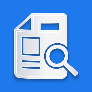 Kağıt kesiği Belgesi mavi arkaplanda izole edilmiş grafik çizelgesi simgesi ile. Metin dosya simgesini rapor et. Muhasebe tabelası. Denetim, analiz, planlama. Kağıt sanatı tarzı. Vektör