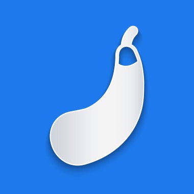 Kağıt kesiği, mavi arkaplanda izole edilmiş patlıcan simgesi. Kağıt sanatı tarzı. Vektör