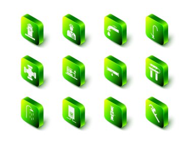 Su musluğunu, musluğu, filtreyi, boru ayarlanabilir anahtarını, sızdıran suyu, endüstriyi, vanayı ve yanan gaz kazanı ikonunu olan bozuk boruyu ayarla. Vektör