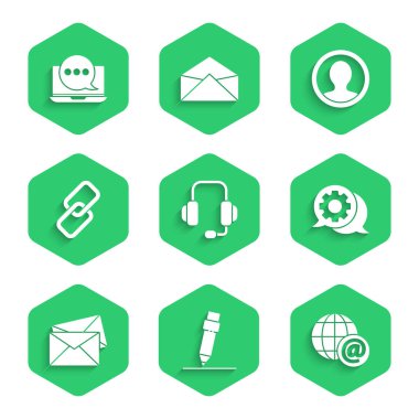 Kulaklıkları ayarla, silgiyle kalem, dünya küresi postası, konuşma balonu sohbeti, Zarf, zincir bağlantısı, hesap ekranı ve sohbet mesajları bildirim dizüstü simgesi oluştur. Vektör