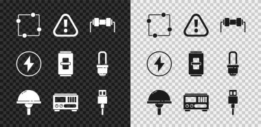 Elektrik devre şemasını, üçgende ünlem işaretini, direnç elektriğini, ışık yayan diyotu, elektrik ölçüm aletlerini, USB kablo kablosunu, şimşek cıvatasını ve ışık anahtarı simgesini ayarla. Vektör