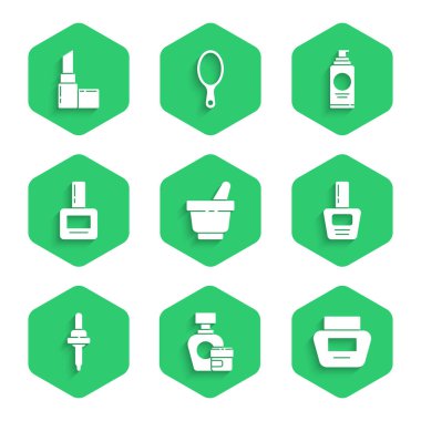 Havan topuzu, krem losyon kozmetik tüpü, tırnak cilası şişesi, Pipette, saç spreyi kutusu ve ruj ikonu. Vektör